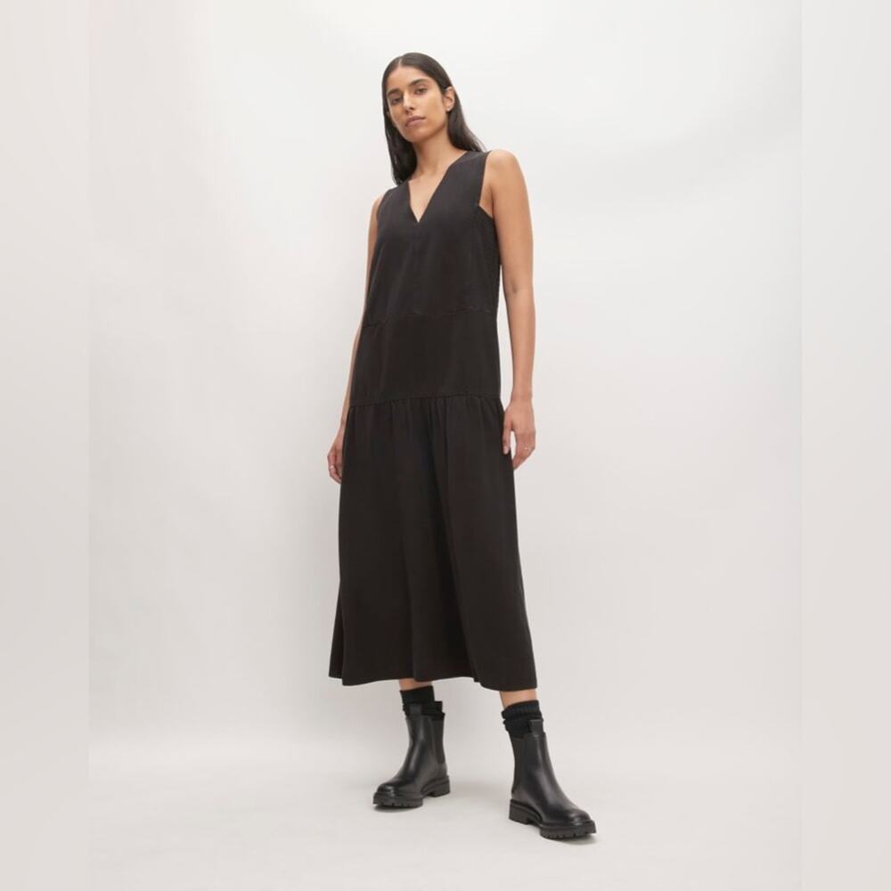 Everlane The TENCEL™ V-Neck Dress Black Sleeveless Tiered Long Midi NWT Size XXS